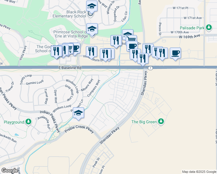 map of restaurants, bars, coffee shops, grocery stores, and more near 2438 West 167th Lane in Broomfield