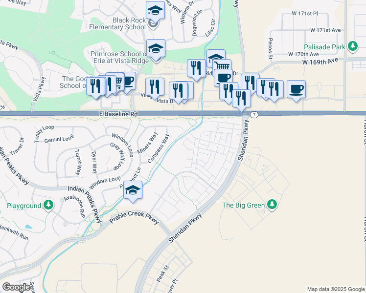map of restaurants, bars, coffee shops, grocery stores, and more near 2438 West 167th Lane in Broomfield