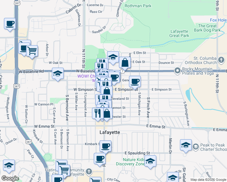 map of restaurants, bars, coffee shops, grocery stores, and more near 209 East Cleveland Street in Lafayette