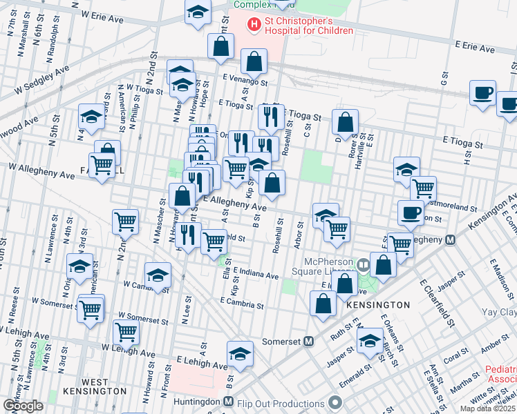 map of restaurants, bars, coffee shops, grocery stores, and more near E Allegheny Ave & B St in Philadelphia