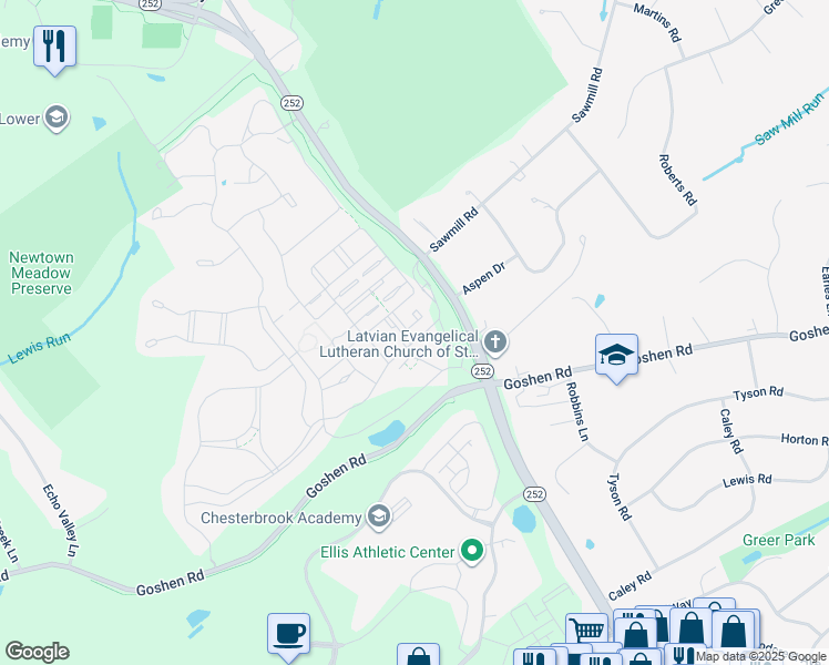 map of restaurants, bars, coffee shops, grocery stores, and more near 3706 Chase Court in Newtown Square