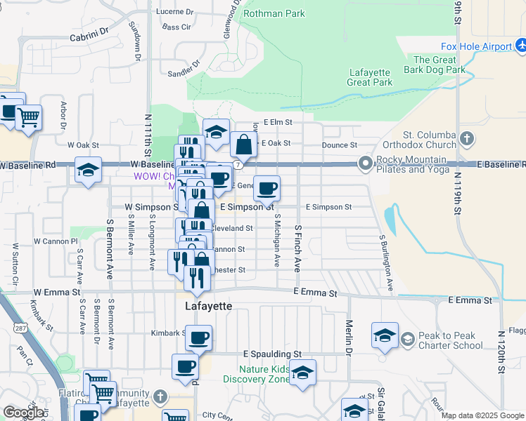 map of restaurants, bars, coffee shops, grocery stores, and more near 400 East Simpson Street in Lafayette