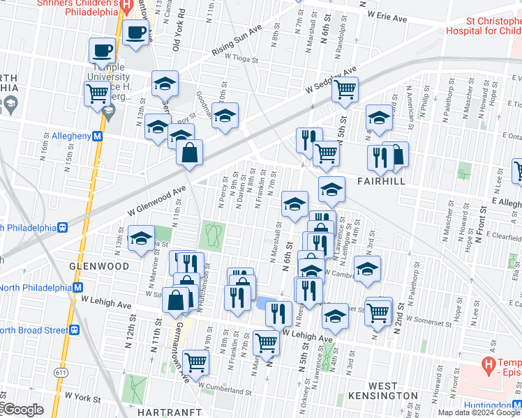 map of restaurants, bars, coffee shops, grocery stores, and more near 3037 North Franklin Street in Philadelphia