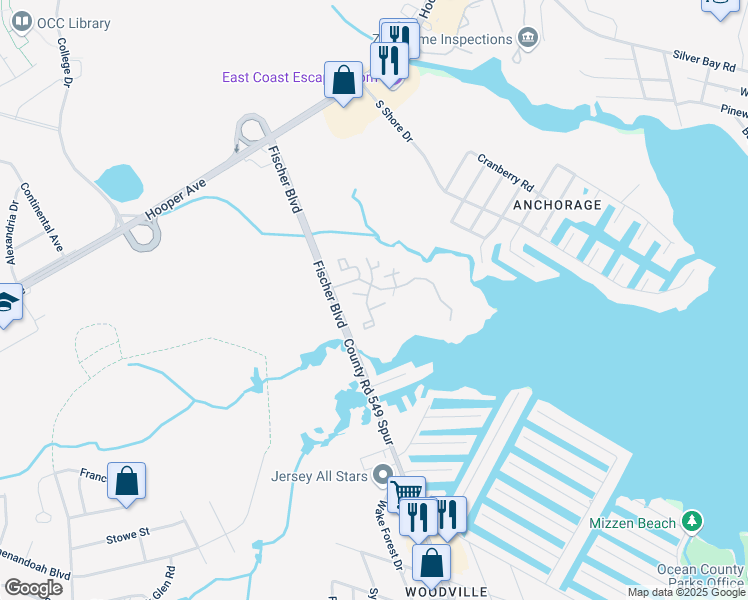 map of restaurants, bars, coffee shops, grocery stores, and more near 2418 Waters Edge Drive in Toms River