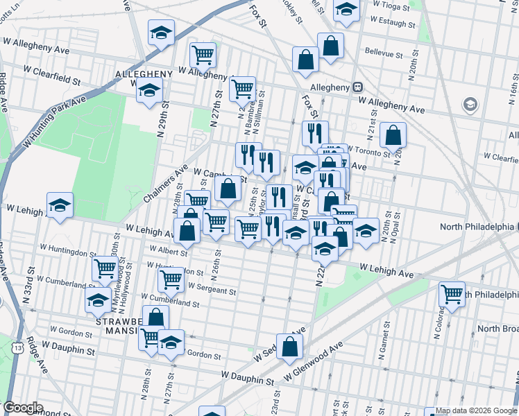 map of restaurants, bars, coffee shops, grocery stores, and more near 2763 North Ringgold Street in Philadelphia