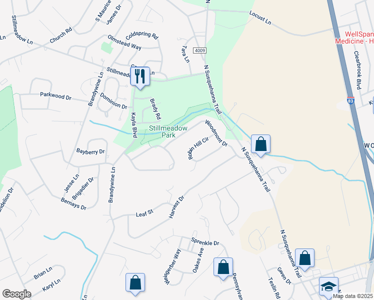 map of restaurants, bars, coffee shops, grocery stores, and more near 530 Robin Hill Circle in York