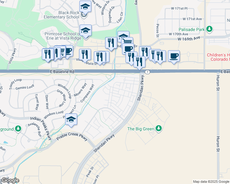 map of restaurants, bars, coffee shops, grocery stores, and more near 2723 West 167th Place in Broomfield
