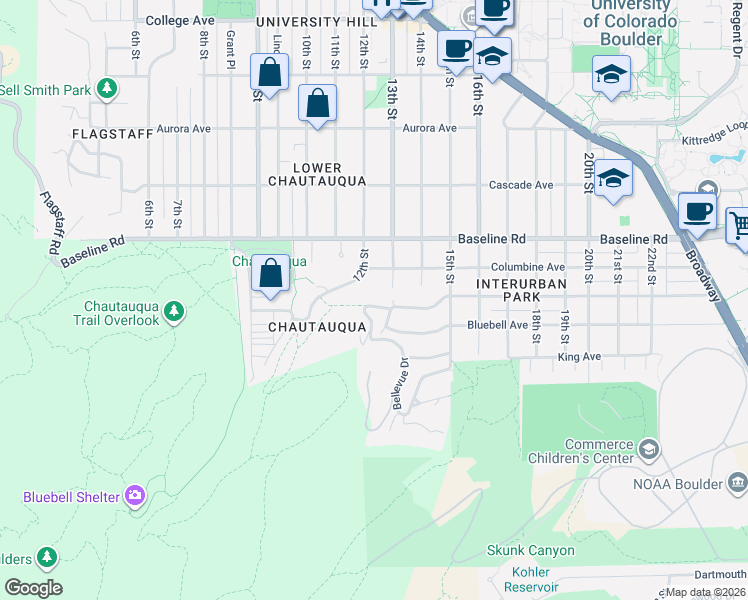map of restaurants, bars, coffee shops, grocery stores, and more near 375 Bellevue Drive in Boulder