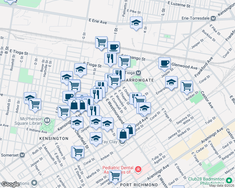 map of restaurants, bars, coffee shops, grocery stores, and more near 1841 East Cornwall Street in Philadelphia