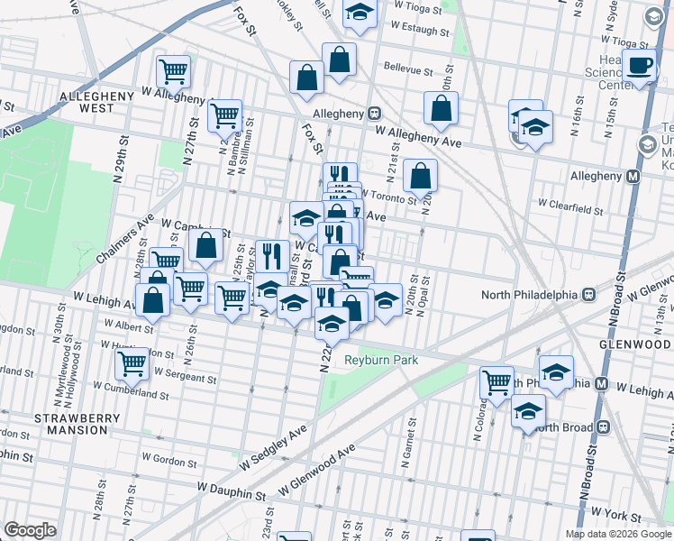 map of restaurants, bars, coffee shops, grocery stores, and more near 2816 North Van Pelt Street in Philadelphia