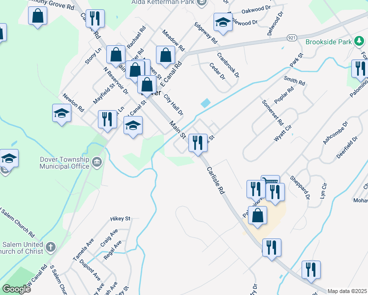 map of restaurants, bars, coffee shops, grocery stores, and more near 90 South Main Street in Dover