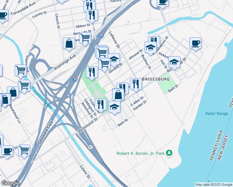 map of restaurants, bars, coffee shops, grocery stores, and more near 2724 Orthodox Street in Philadelphia