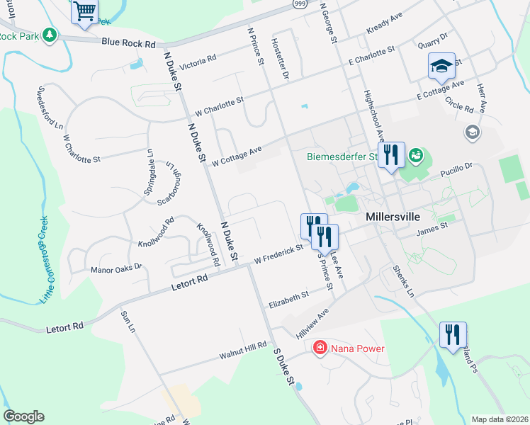 map of restaurants, bars, coffee shops, grocery stores, and more near 165 West Frederick Street in Millersville