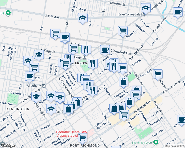 map of restaurants, bars, coffee shops, grocery stores, and more near 3483 Helen Street in Philadelphia