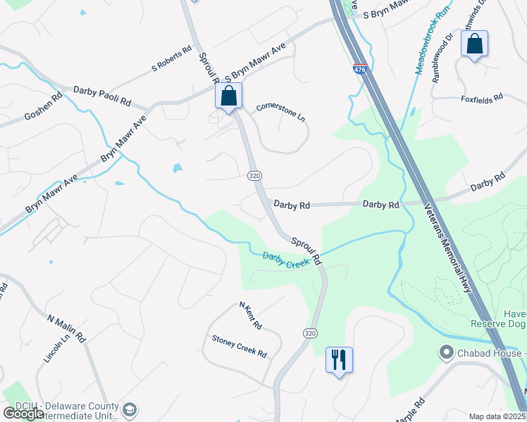 map of restaurants, bars, coffee shops, grocery stores, and more near 5038 Brittany Lane in Bryn Mawr