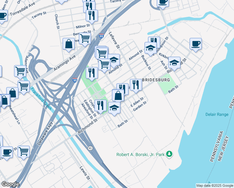 map of restaurants, bars, coffee shops, grocery stores, and more near 2724 Orthodox Street in Philadelphia
