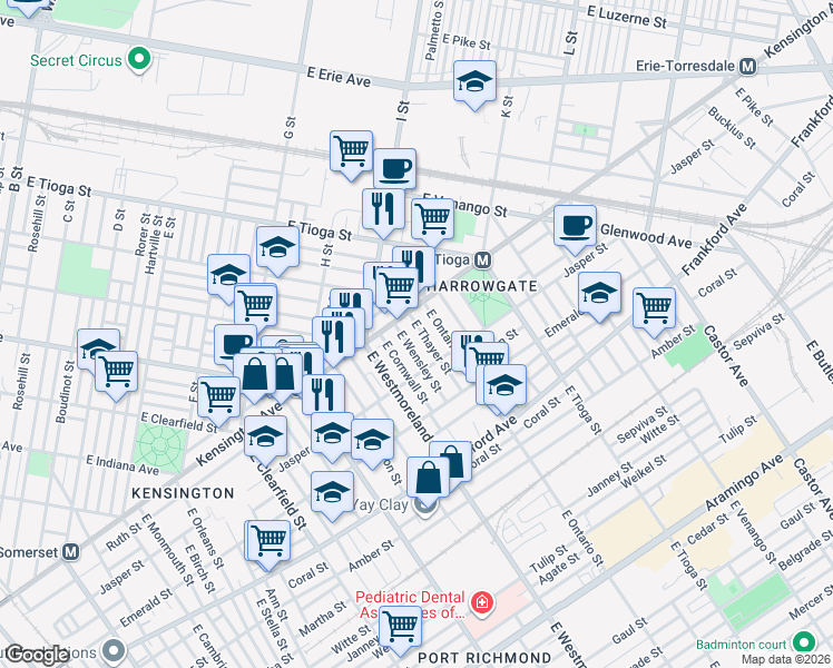 map of restaurants, bars, coffee shops, grocery stores, and more near 1841 East Cornwall Street in Philadelphia