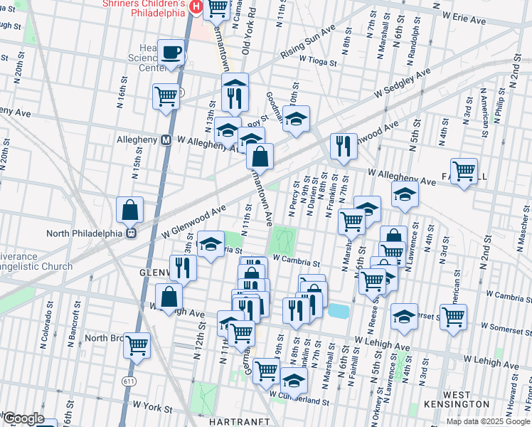 map of restaurants, bars, coffee shops, grocery stores, and more near 3018 Germantown Avenue in Philadelphia