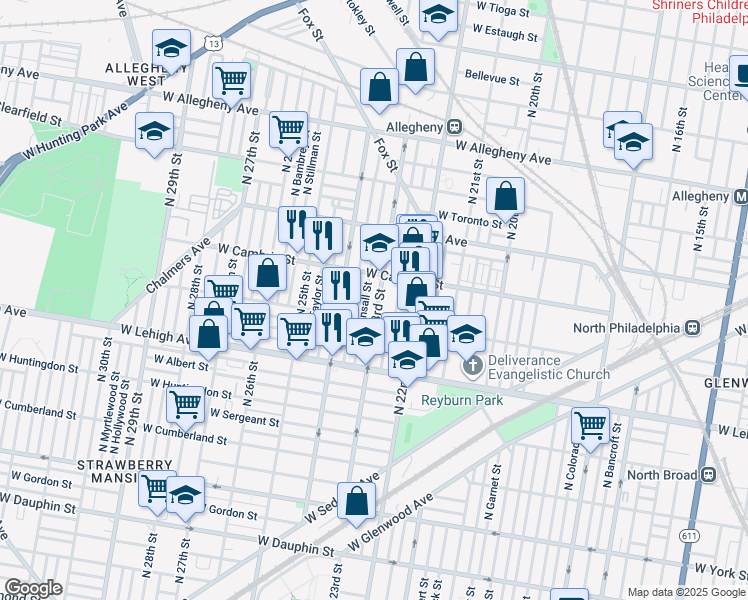 map of restaurants, bars, coffee shops, grocery stores, and more near 2824 North 23rd Street in Philadelphia