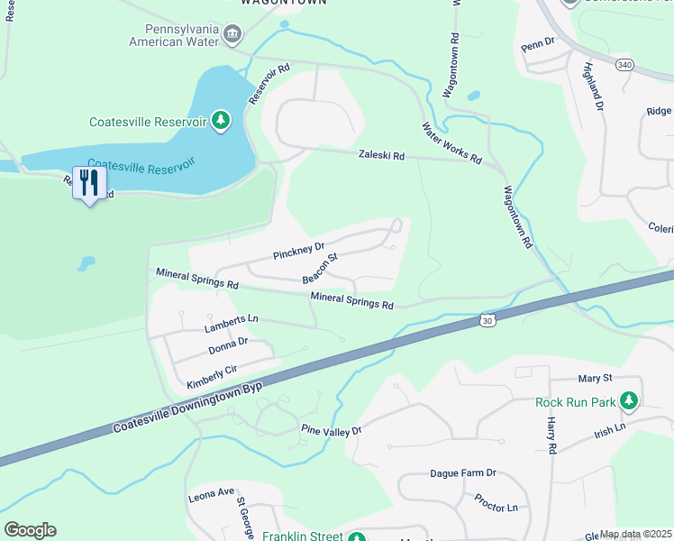 map of restaurants, bars, coffee shops, grocery stores, and more near 203 Cambridge Way in Coatesville