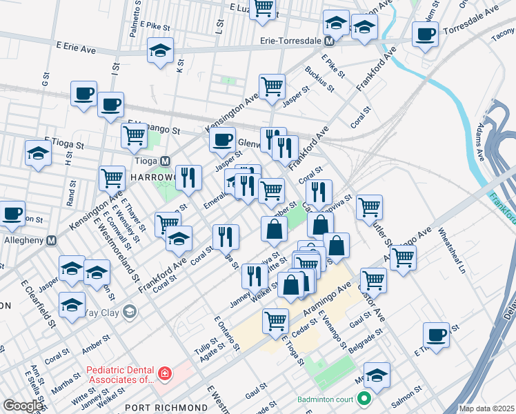 map of restaurants, bars, coffee shops, grocery stores, and more near 2052 East Victoria Street in Philadelphia