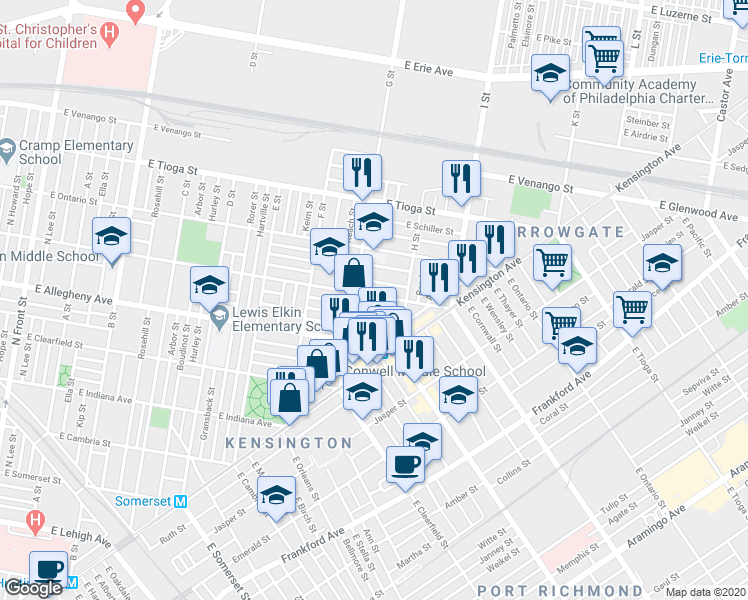 map of restaurants, bars, coffee shops, grocery stores, and more near 828 East Westmoreland Street in Philadelphia