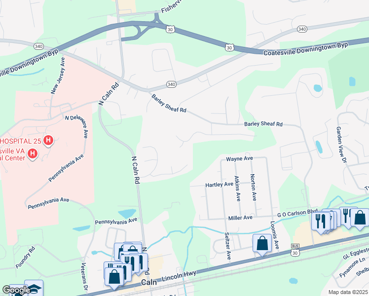 map of restaurants, bars, coffee shops, grocery stores, and more near 713 Suzanne Drive in Coatesville