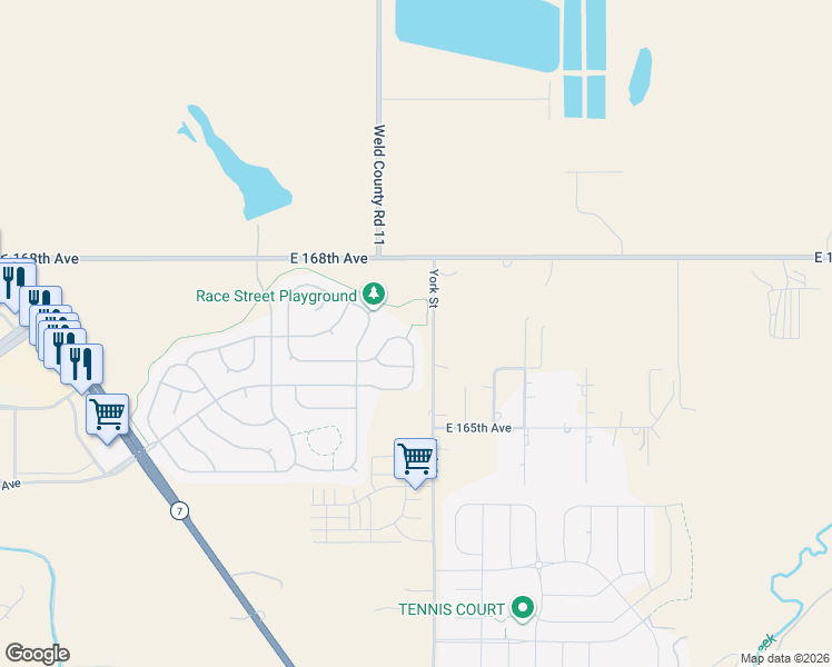 map of restaurants, bars, coffee shops, grocery stores, and more near 16666 Gaylord Street in Thornton
