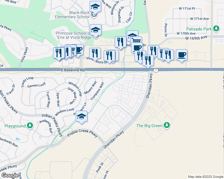 map of restaurants, bars, coffee shops, grocery stores, and more near 16651 Alcott Way in Broomfield
