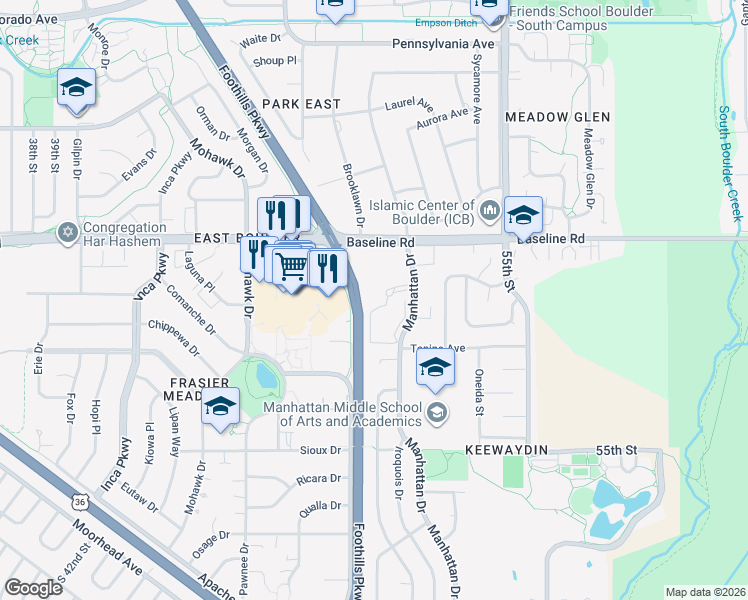 map of restaurants, bars, coffee shops, grocery stores, and more near 501 Manhattan Drive in Boulder