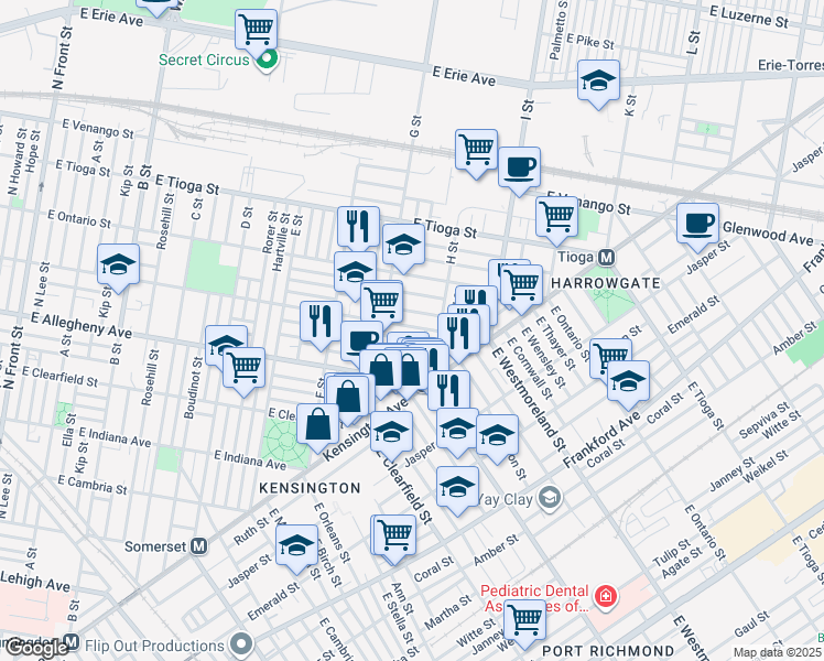 map of restaurants, bars, coffee shops, grocery stores, and more near 845 East Madison Street in Philadelphia