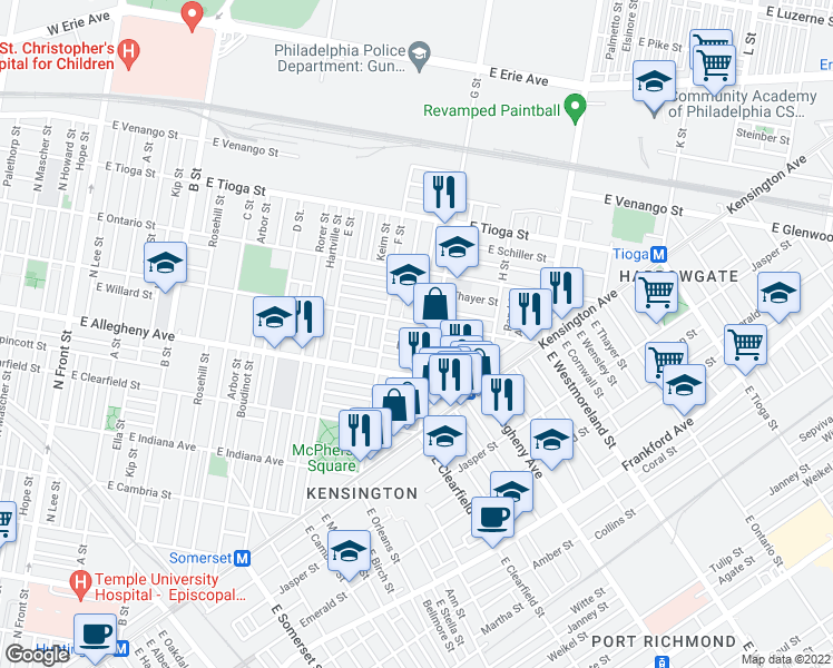 map of restaurants, bars, coffee shops, grocery stores, and more near 760 East Madison Street in Philadelphia
