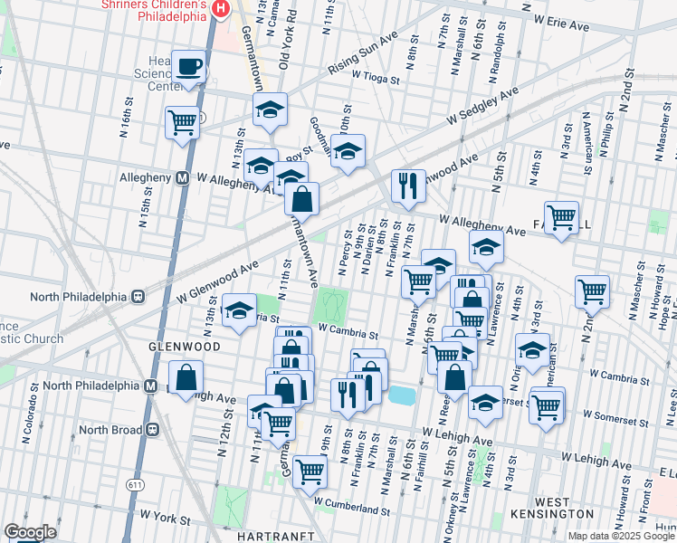 map of restaurants, bars, coffee shops, grocery stores, and more near 911 West Indiana Avenue in Philadelphia