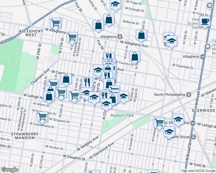 map of restaurants, bars, coffee shops, grocery stores, and more near 2816 North Van Pelt Street in Philadelphia