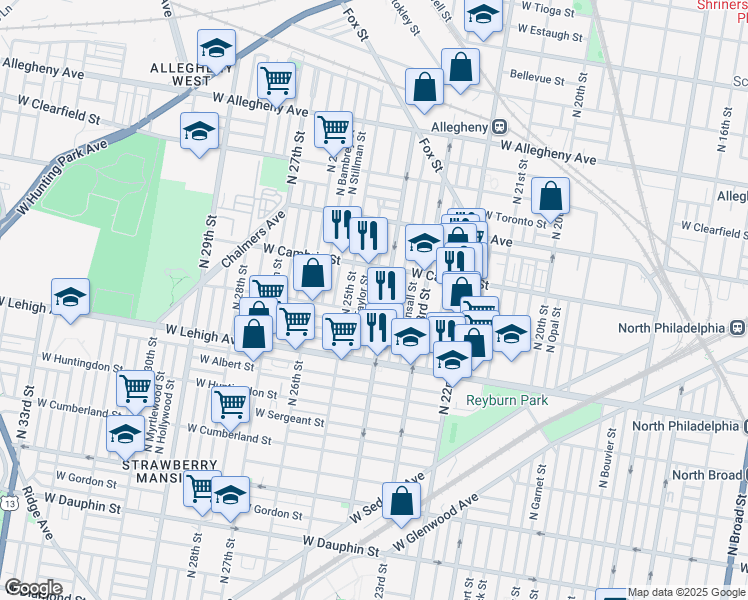 map of restaurants, bars, coffee shops, grocery stores, and more near 2763 North Ringgold Street in Philadelphia