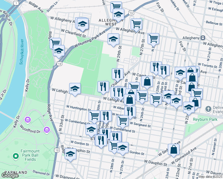 map of restaurants, bars, coffee shops, grocery stores, and more near in Philadelphia