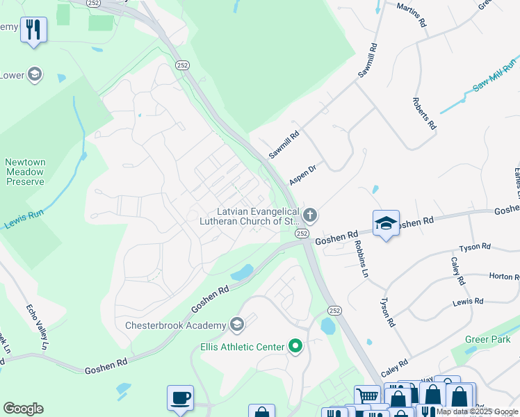 map of restaurants, bars, coffee shops, grocery stores, and more near 3706 Chase Court in Newtown Square