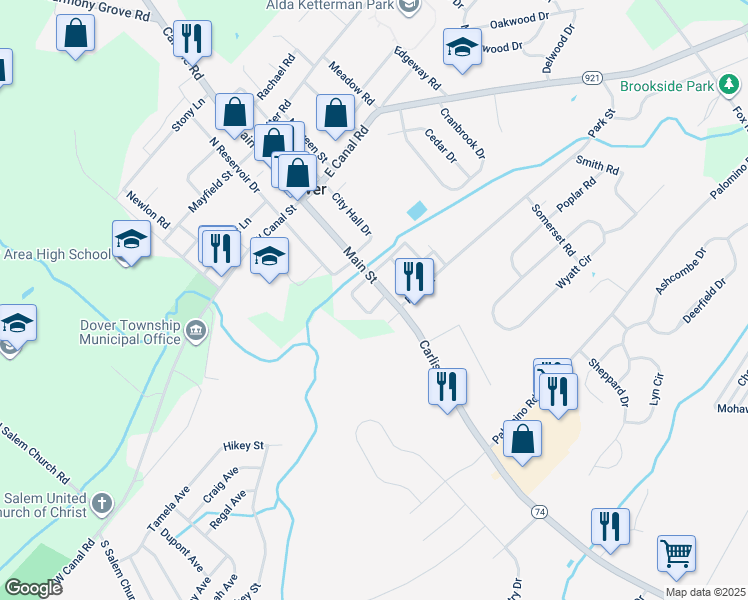 map of restaurants, bars, coffee shops, grocery stores, and more near 76 South Reservoir Drive in Dover