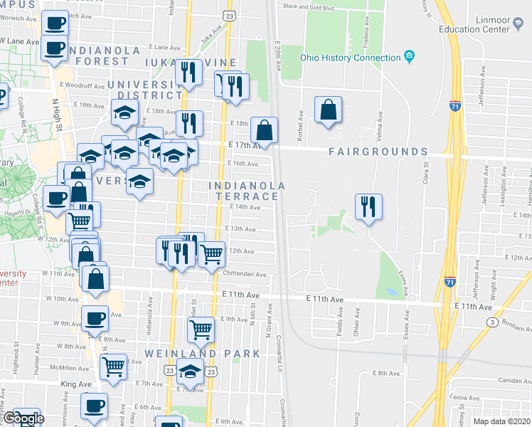 map of restaurants, bars, coffee shops, grocery stores, and more near 408 East 13th Avenue in Columbus