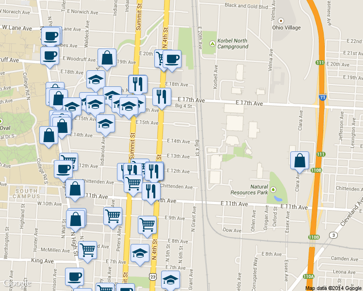 map of restaurants, bars, coffee shops, grocery stores, and more near 408 East 13th Avenue in Columbus