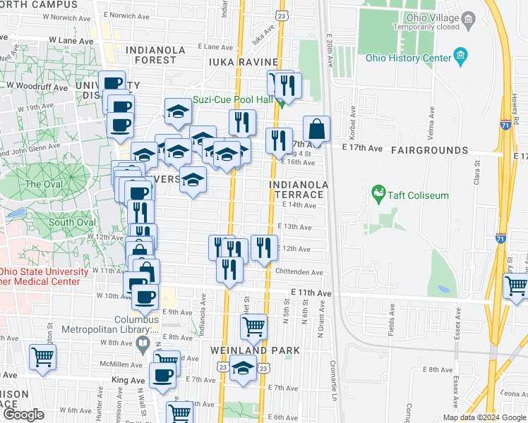 map of restaurants, bars, coffee shops, grocery stores, and more near 300 East 13th Avenue in Columbus