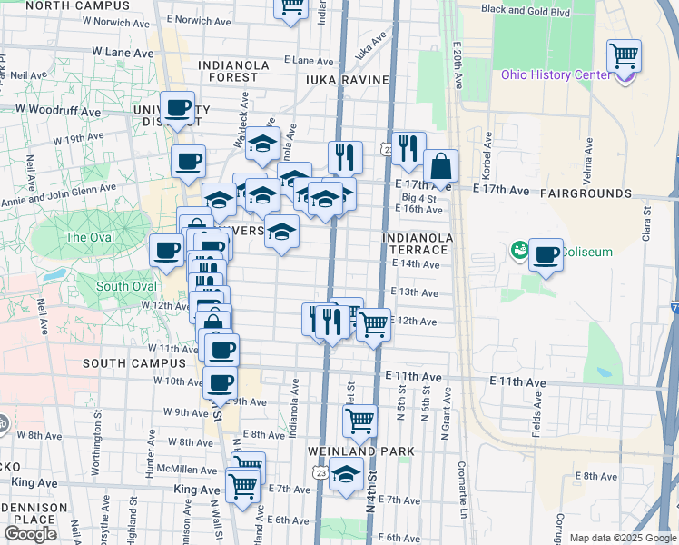 map of restaurants, bars, coffee shops, grocery stores, and more near in Columbus