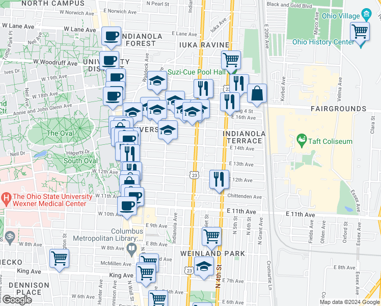 map of restaurants, bars, coffee shops, grocery stores, and more near in Columbus