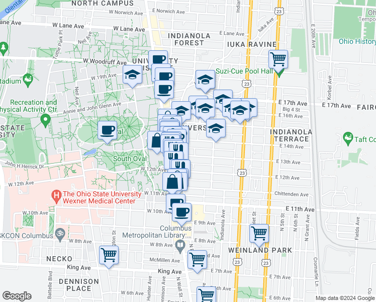 map of restaurants, bars, coffee shops, grocery stores, and more near 71 East 13th Avenue in Columbus