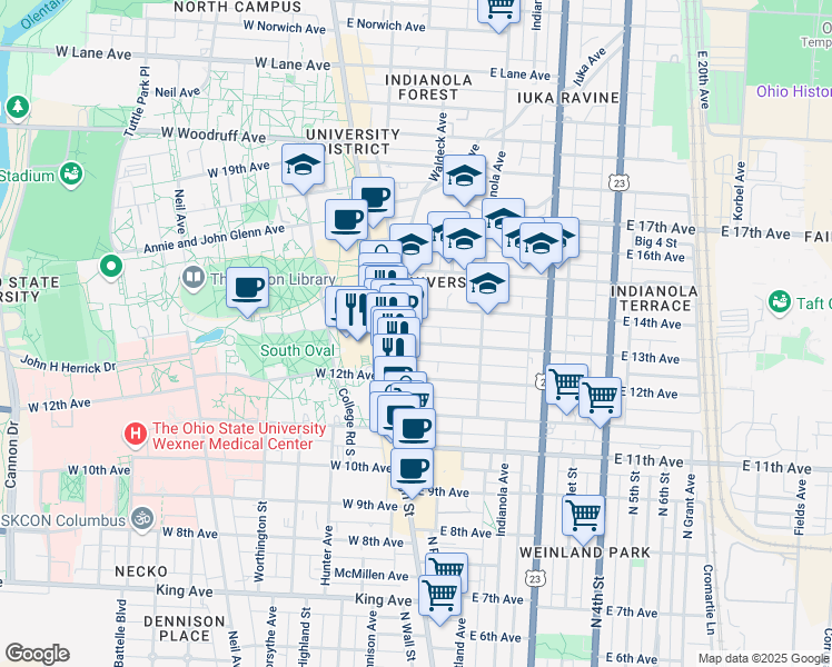 map of restaurants, bars, coffee shops, grocery stores, and more near in Columbus