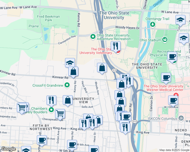 map of restaurants, bars, coffee shops, grocery stores, and more near 1846 Rhoda Avenue in Columbus