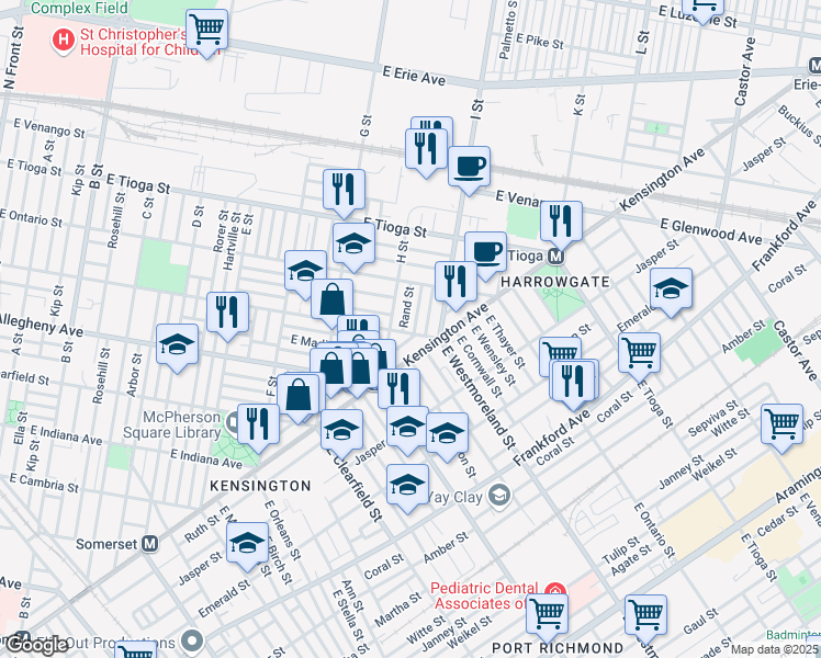 map of restaurants, bars, coffee shops, grocery stores, and more near 925 East Westmoreland Street in Philadelphia