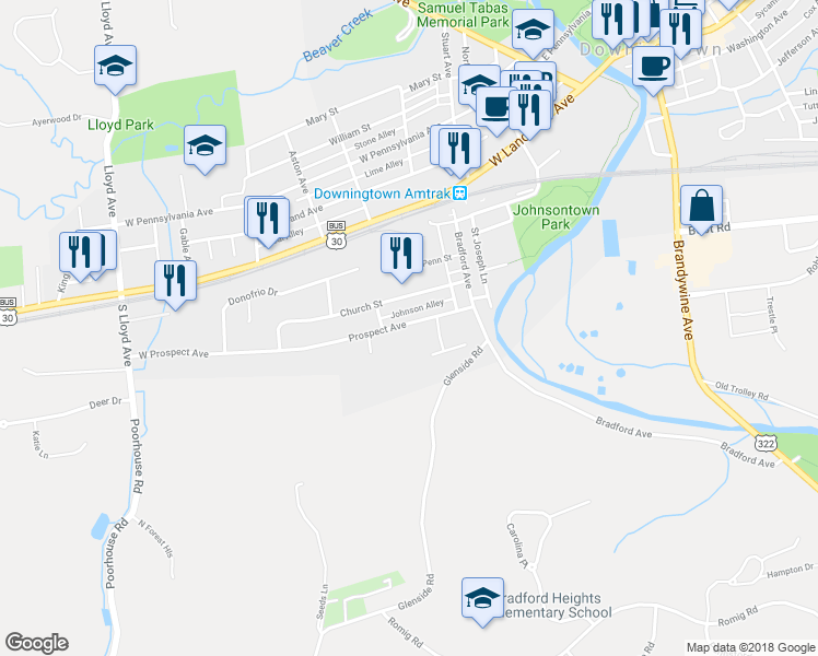 map of restaurants, bars, coffee shops, grocery stores, and more near 256 Prospect Avenue in Downingtown