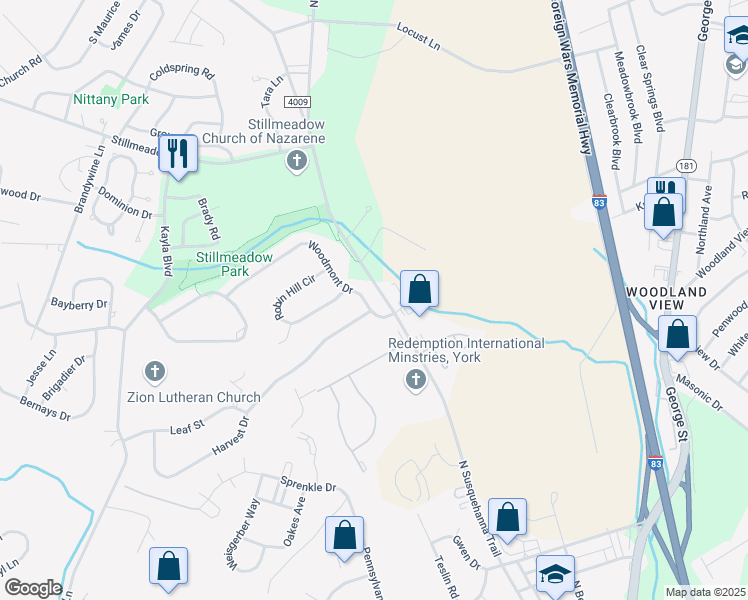 map of restaurants, bars, coffee shops, grocery stores, and more near 2425 Woodmont Drive in York