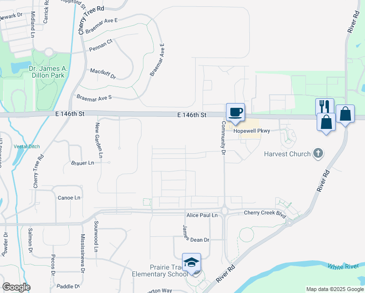 map of restaurants, bars, coffee shops, grocery stores, and more near Simplicity Parkway in Carmel